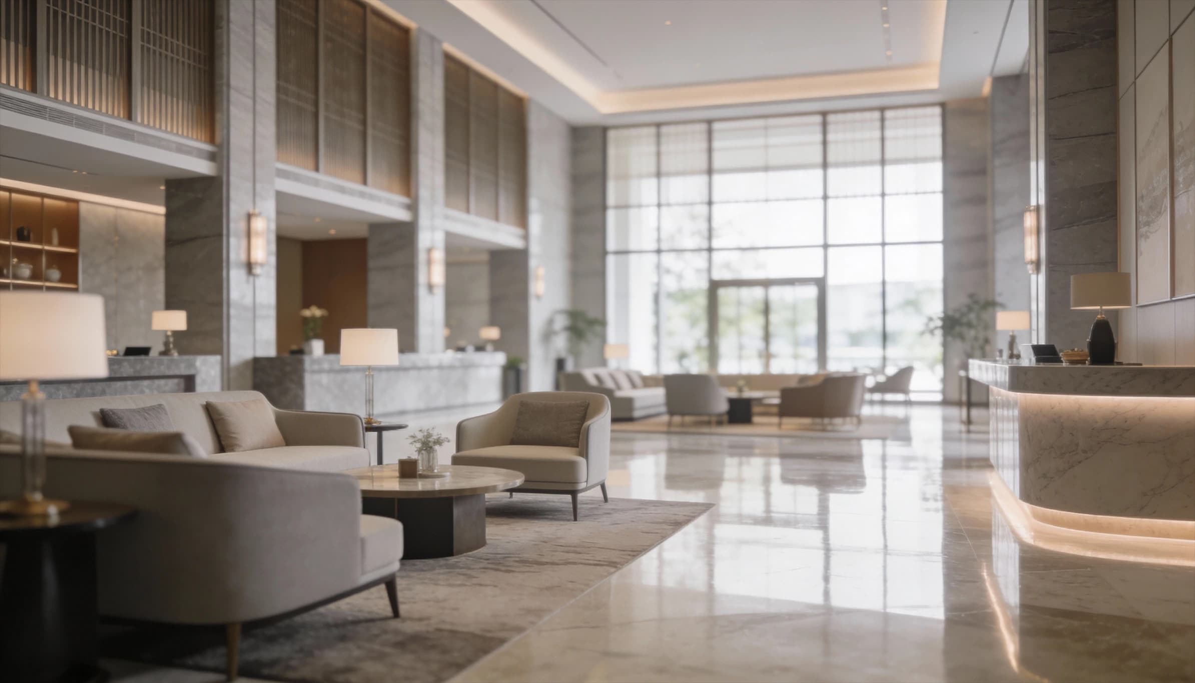 Clean corporate lobby with polished floors and seating area