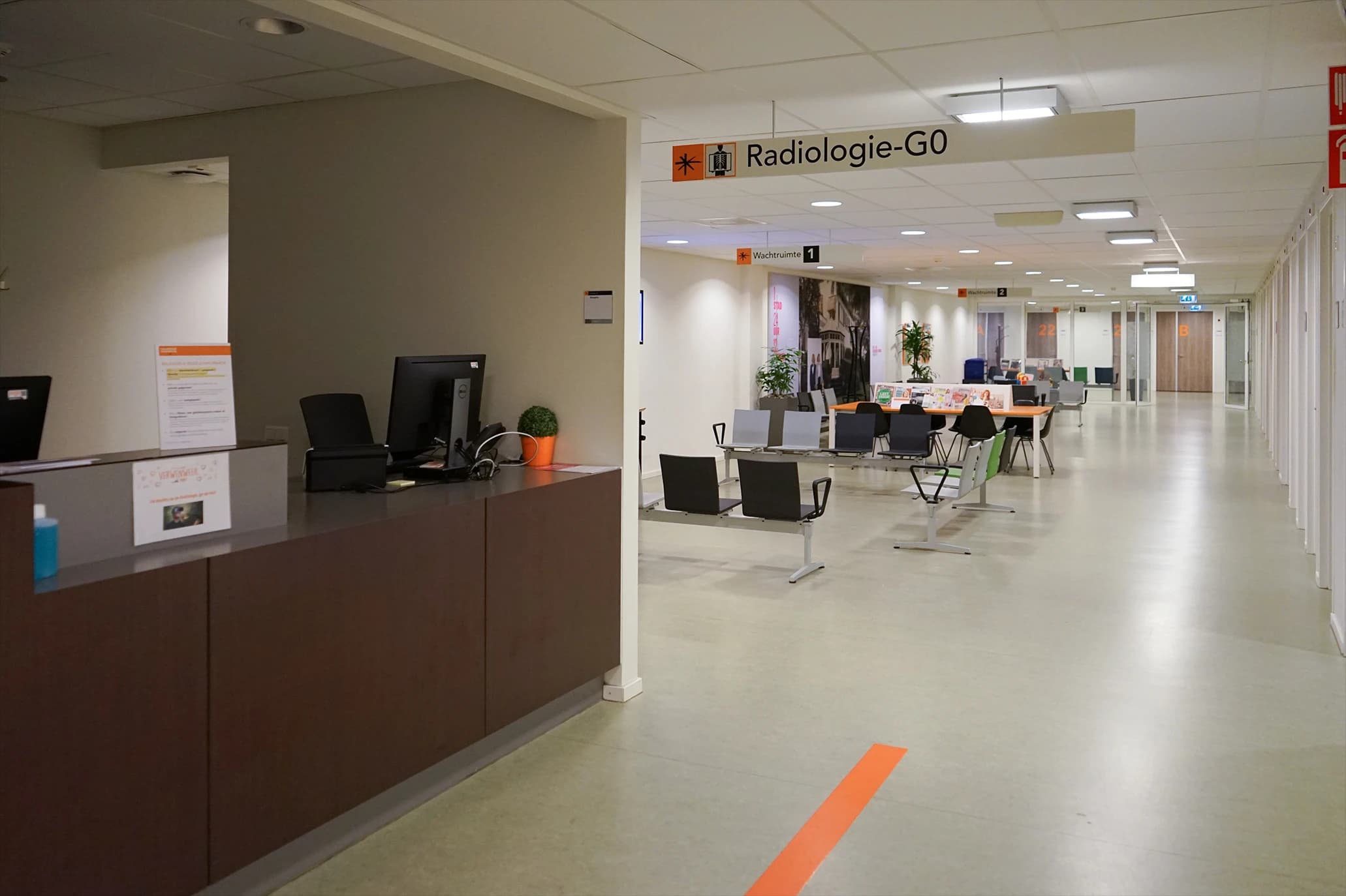 Medical clinic reception area and hallway